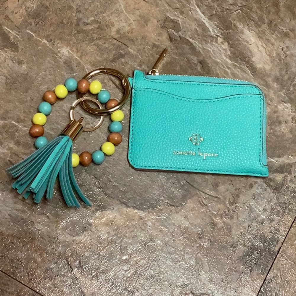 Nanette Lepore Turquoise Card Holder with Beaded Tassel Keychain